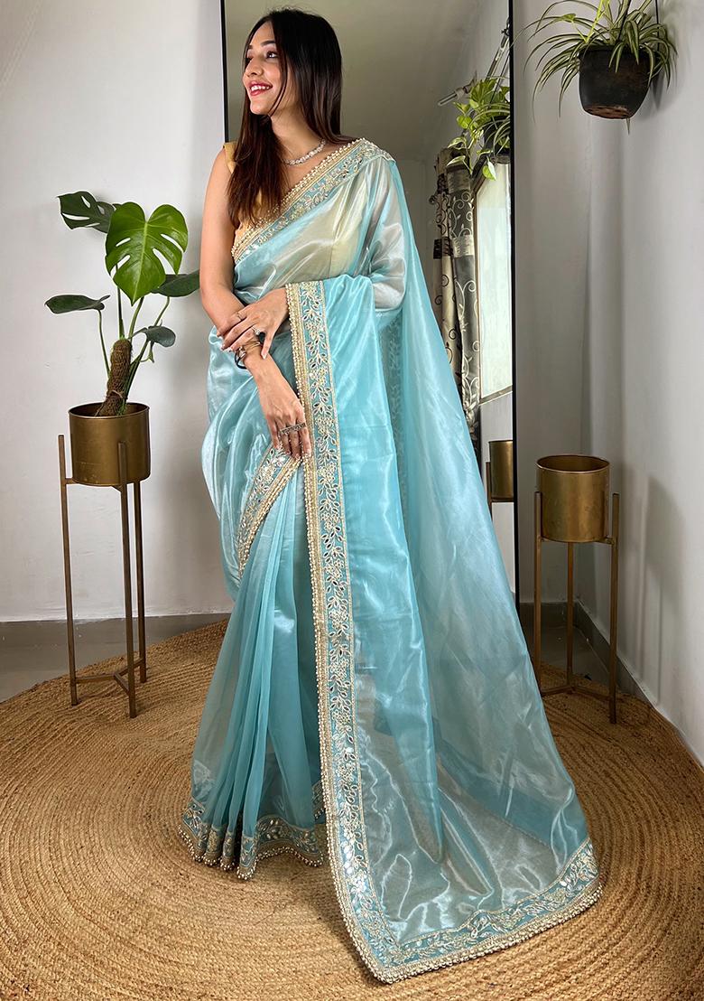 Blue Zari Sequin Embroidered Tissue Silk Saree Set