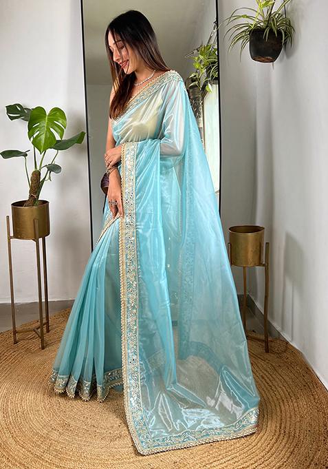 Blue Zari Sequin Embroidered Tissue Silk Saree Set