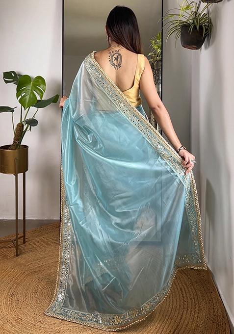Blue Zari Sequin Embroidered Tissue Silk Saree Set