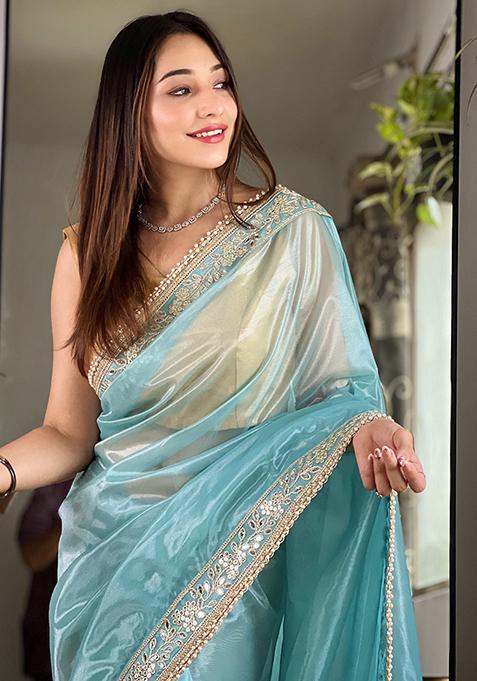 Blue Zari Sequin Embroidered Tissue Silk Saree Set
