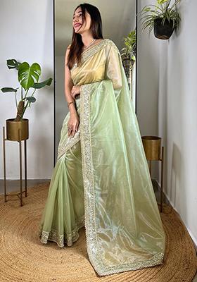 Green Zari Sequin Embroidered Tissue Silk Saree Set