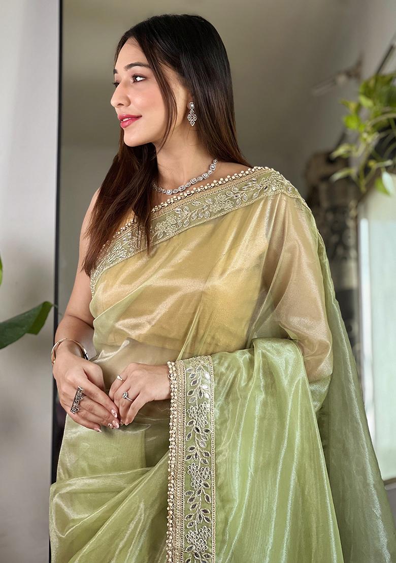 Green Zari Sequin Embroidered Tissue Silk Saree Set