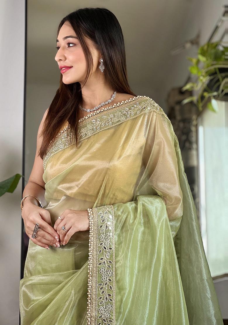 Green Zari Sequin Embroidered Tissue Silk Saree Set