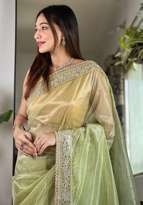 Green Zari Sequin Embroidered Tissue Silk Saree Set