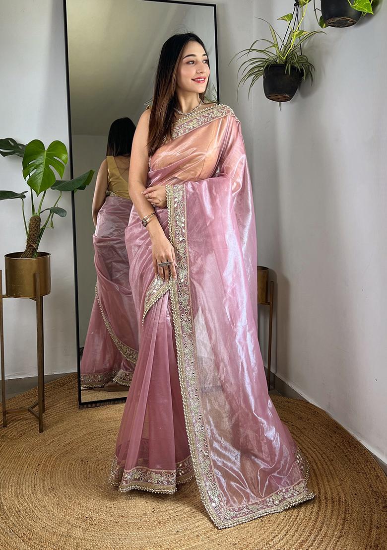 Pink Zari Sequin Embroidered Tissue Silk Saree Set
