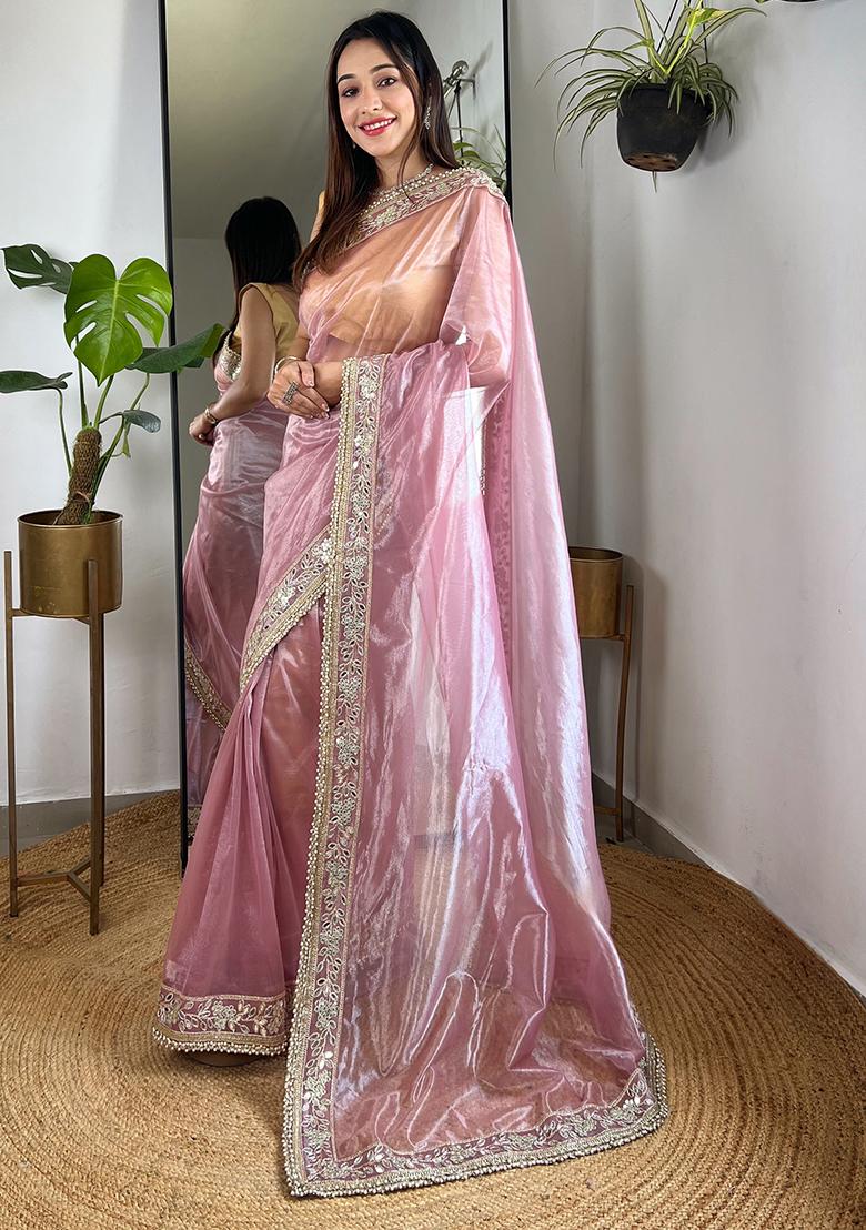 Pink Zari Sequin Embroidered Tissue Silk Saree Set