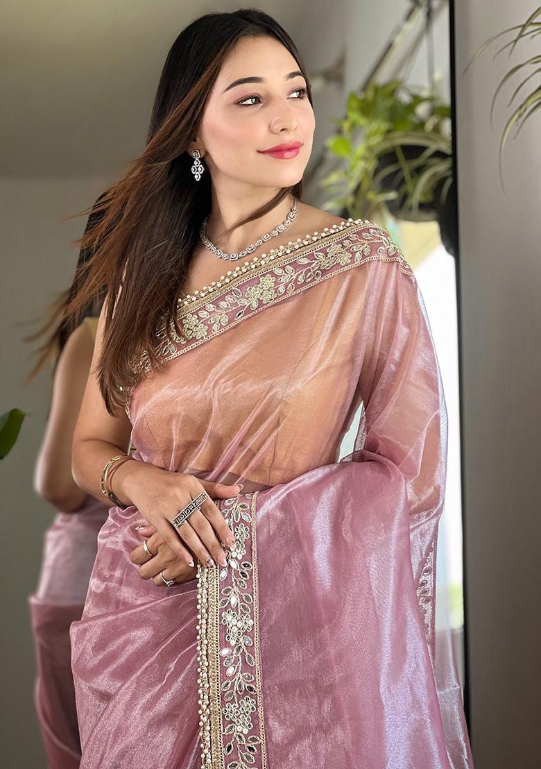 Pink Zari Sequin Embroidered Tissue Silk Saree Set