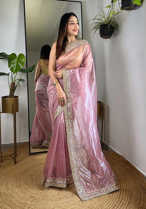 Pink Zari Sequin Embroidered Tissue Silk Saree Set