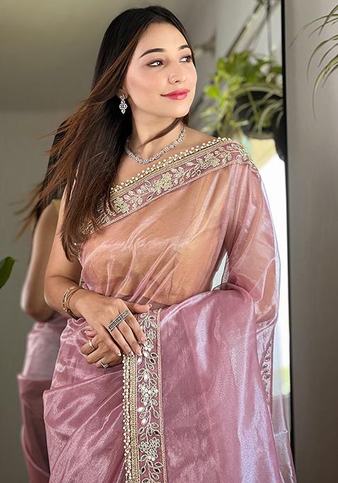 Pink Zari Sequin Embroidered Tissue Silk Saree Set