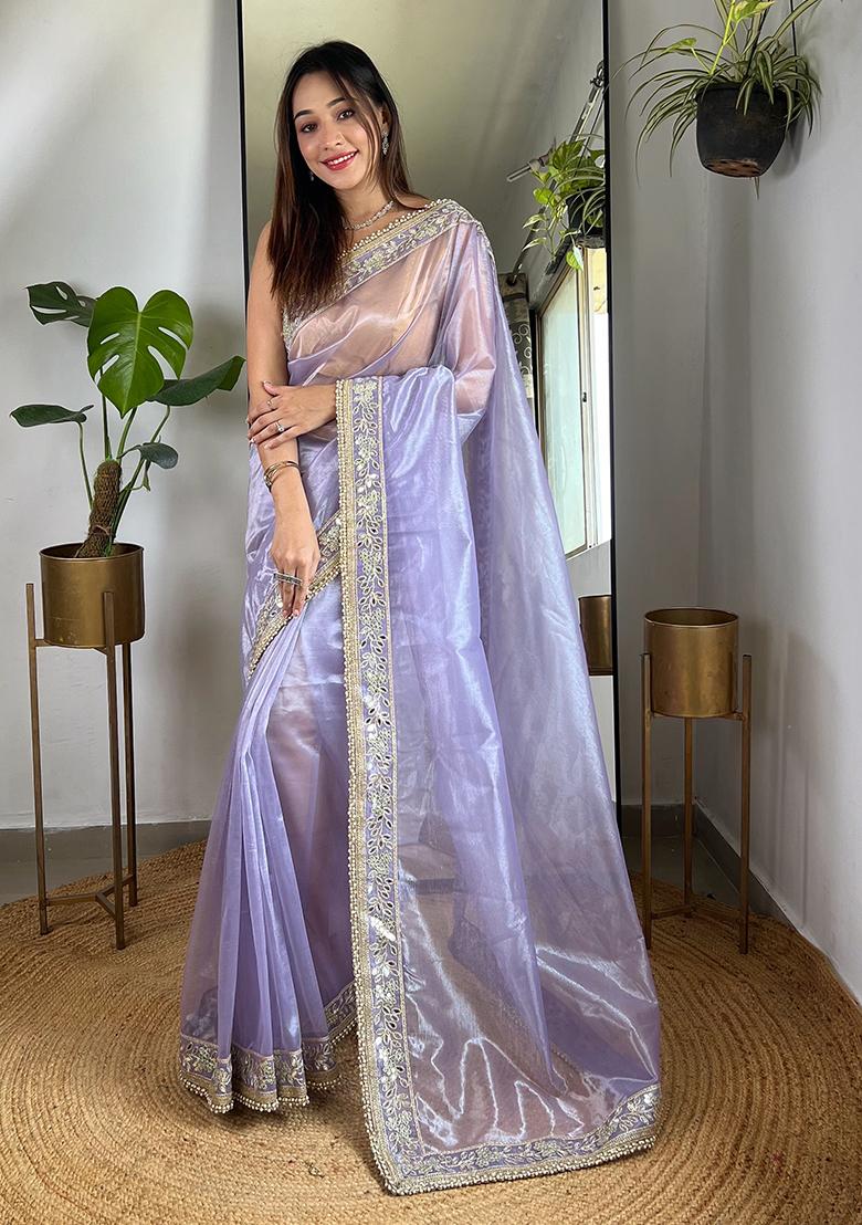 Purple Zari Sequin Embroidered Tissue Silk Saree Set