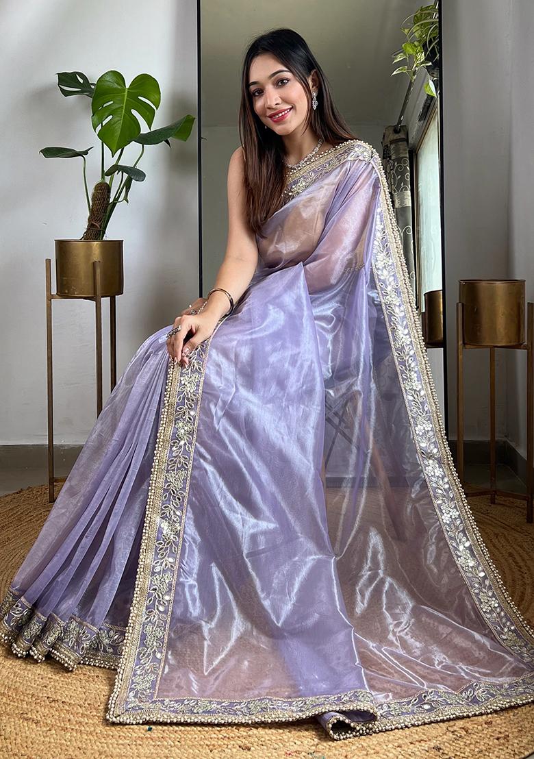 Purple Zari Sequin Embroidered Tissue Silk Saree Set