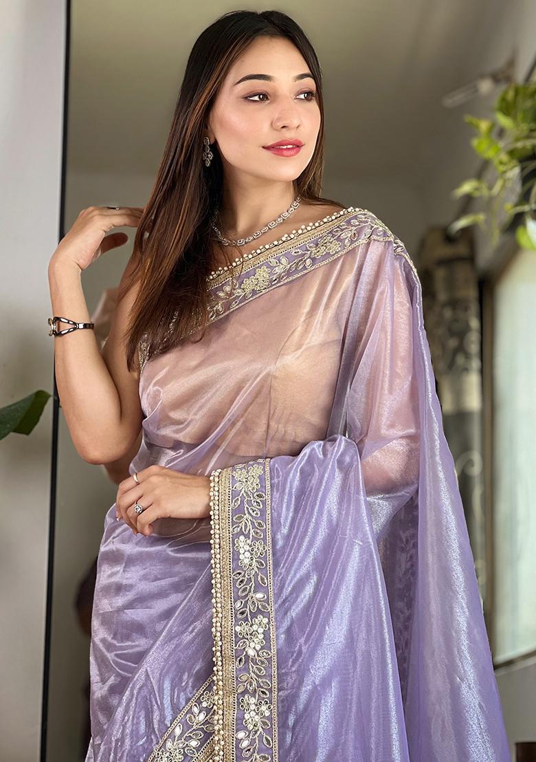 Purple Zari Sequin Embroidered Tissue Silk Saree Set