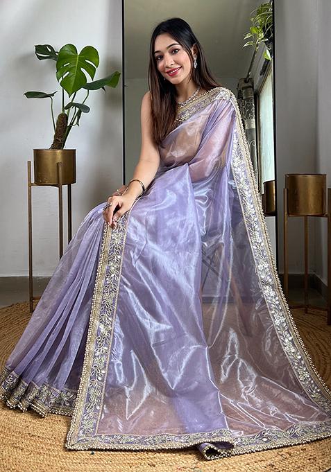 Purple Zari Sequin Embroidered Tissue Silk Saree Set