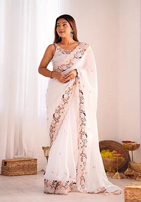 White Sequin Thread Embroidered Jimmy Choo Saree Set