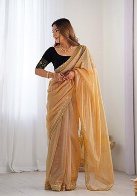 Beige Zari Sequin Embroidered Twill Net Saree Set