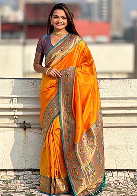 Orange Meenakari Woven Soft Silk Saree Set