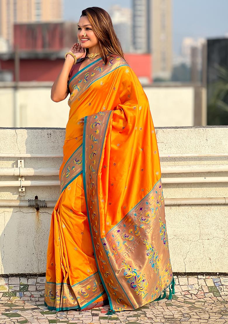 Orange Meenakari Woven Soft Silk Saree Set
