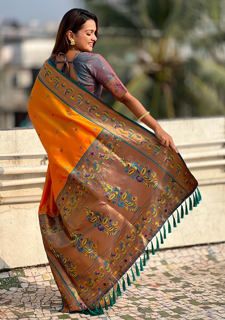 Orange Meenakari Woven Soft Silk Saree Set