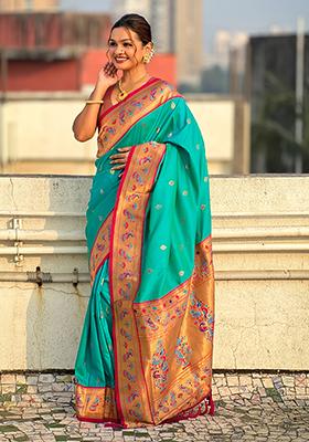 Sea Green Meenakari Woven Soft Silk Saree Set