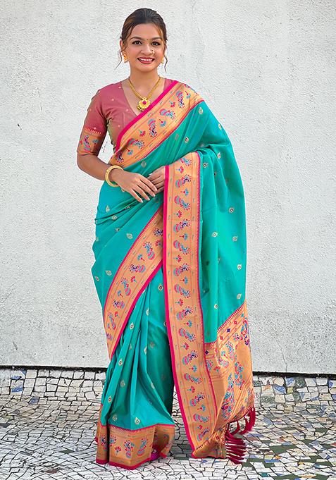Sea Green Meenakari Woven Soft Silk Saree Set
