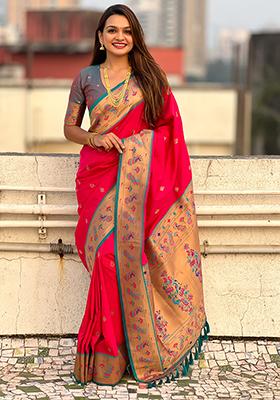 Red Meenakari Woven Soft Silk Saree Set