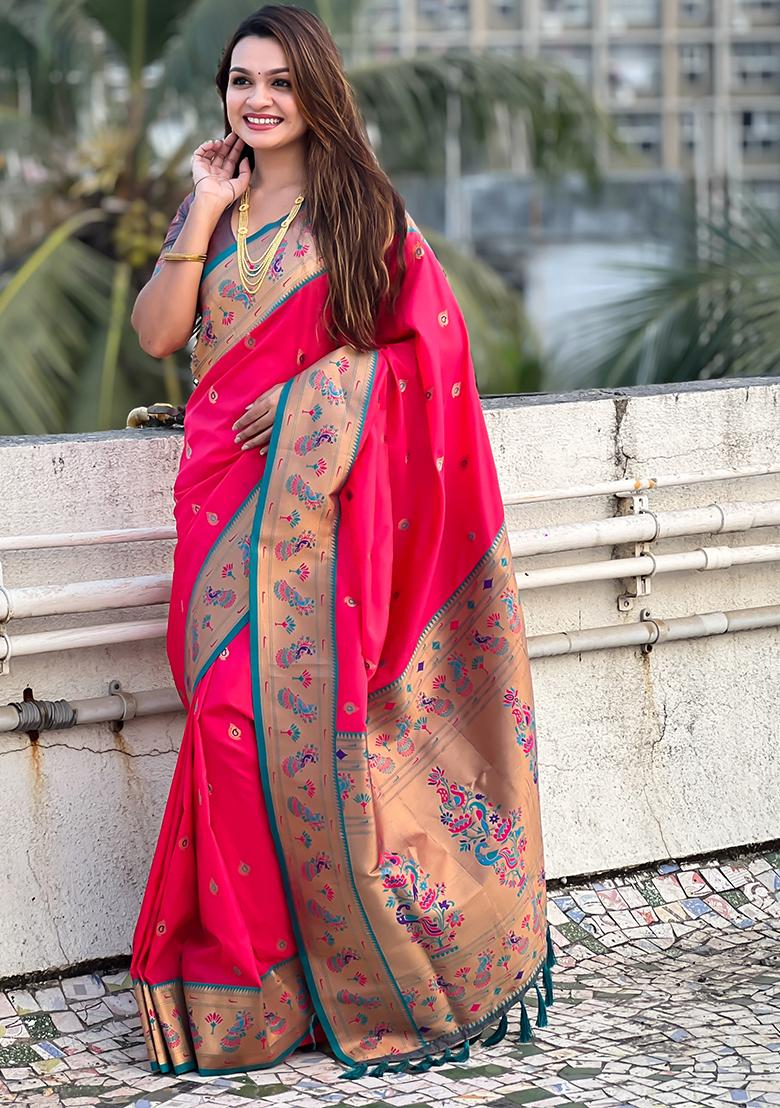 Red Meenakari Woven Soft Silk Saree Set