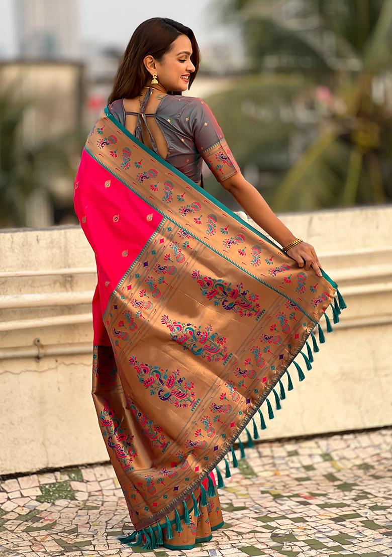 Red Meenakari Woven Soft Silk Saree Set