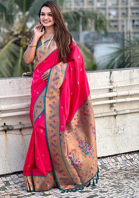 Red Meenakari Woven Soft Silk Saree Set