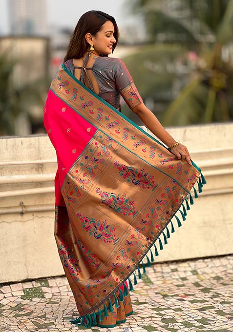 Red Meenakari Woven Soft Silk Saree Set