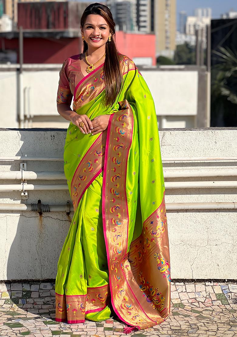 Parrot Green Meenakari Woven Soft Silk Saree Set