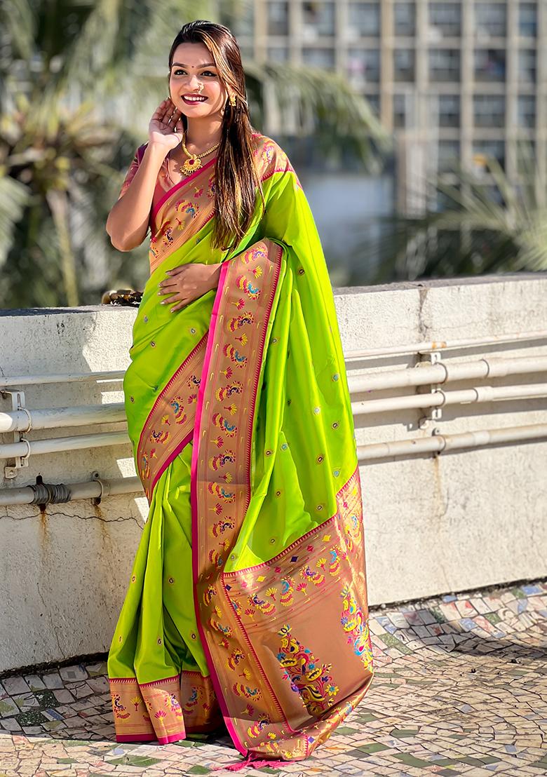 Parrot Green Meenakari Woven Soft Silk Saree Set