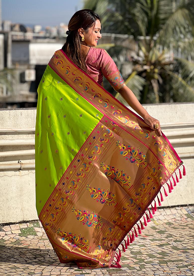 Parrot Green Meenakari Woven Soft Silk Saree Set