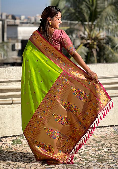 Parrot Green Meenakari Woven Soft Silk Saree Set