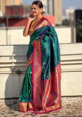 Teal Blue Meenakari Woven Soft Silk Saree Set