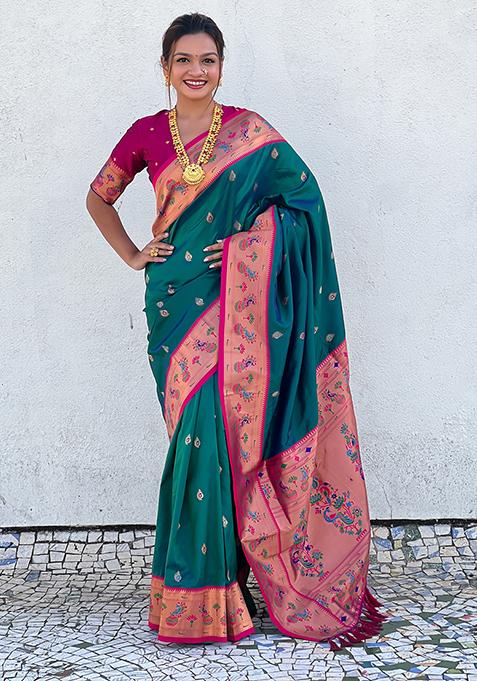Teal Blue Meenakari Woven Soft Silk Saree Set