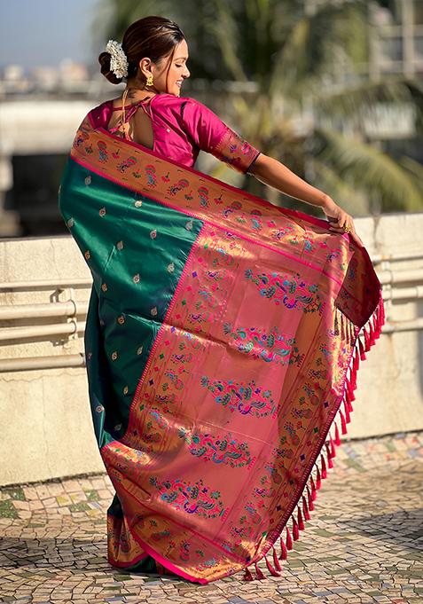 Teal Blue Meenakari Woven Soft Silk Saree Set