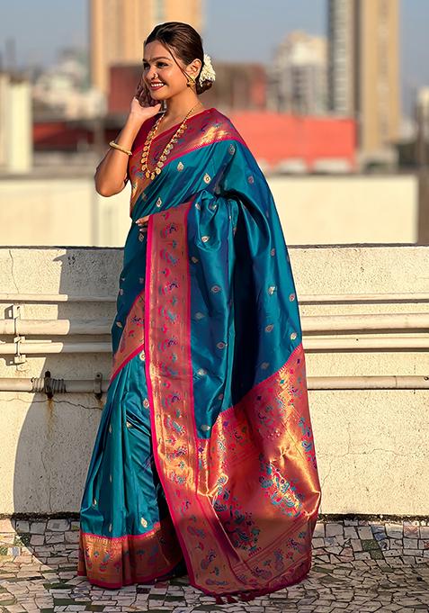 Blue Meenakari Woven Soft Silk Saree Set