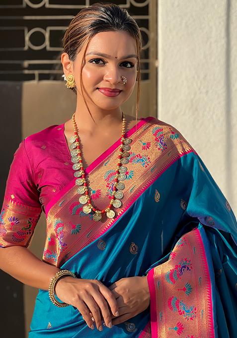 Blue Meenakari Woven Soft Silk Saree Set