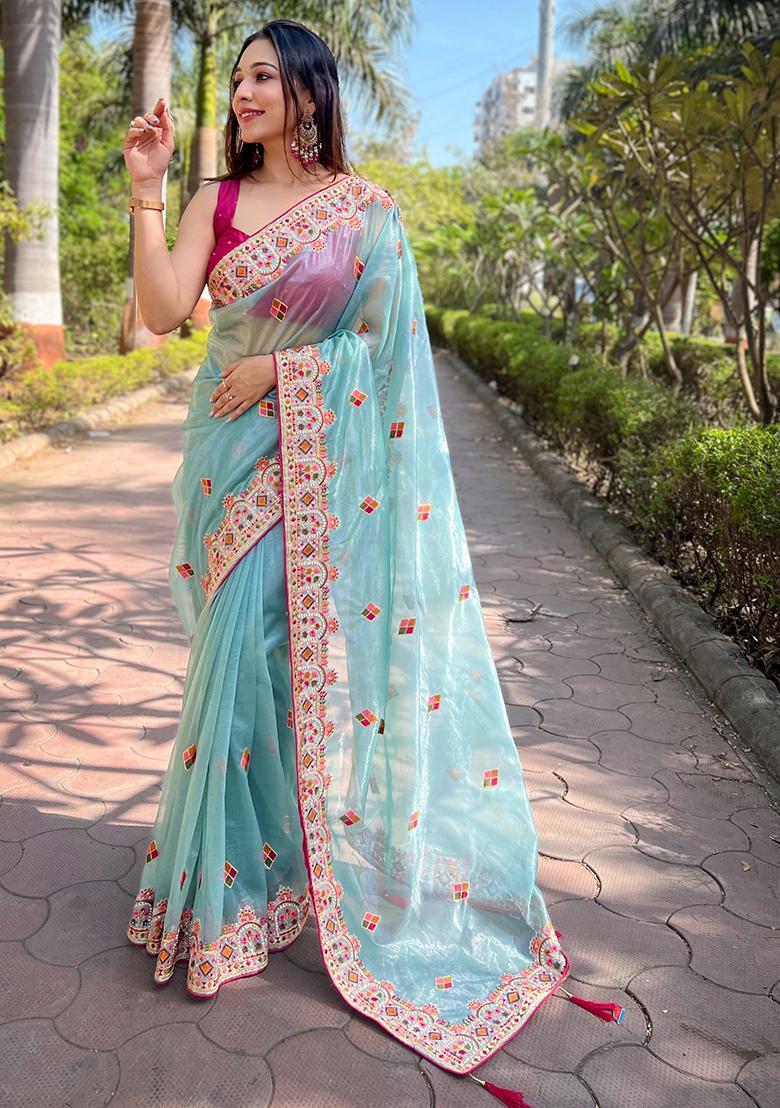 Blue Zari Thread Embroidered Tissue Silk Saree Set