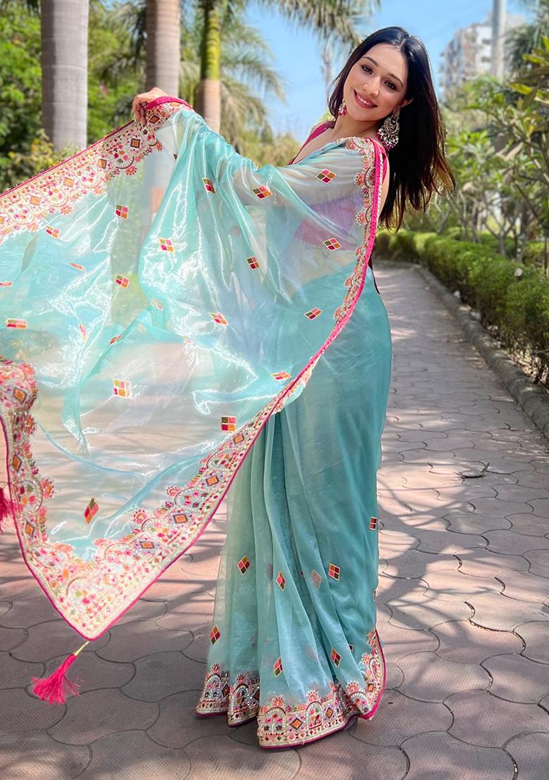 Blue Zari Thread Embroidered Tissue Silk Saree Set