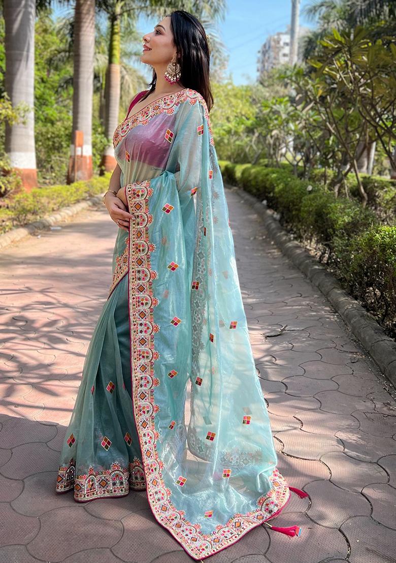 Blue Zari Thread Embroidered Tissue Silk Saree Set