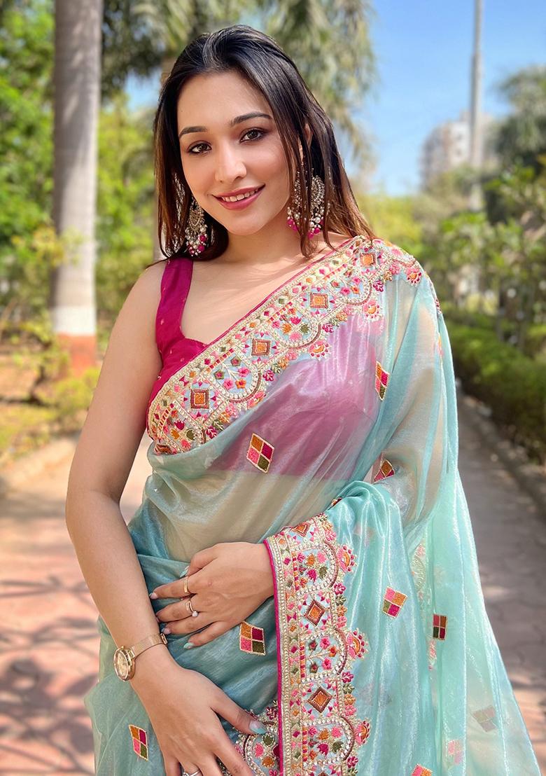 Blue Zari Thread Embroidered Tissue Silk Saree Set