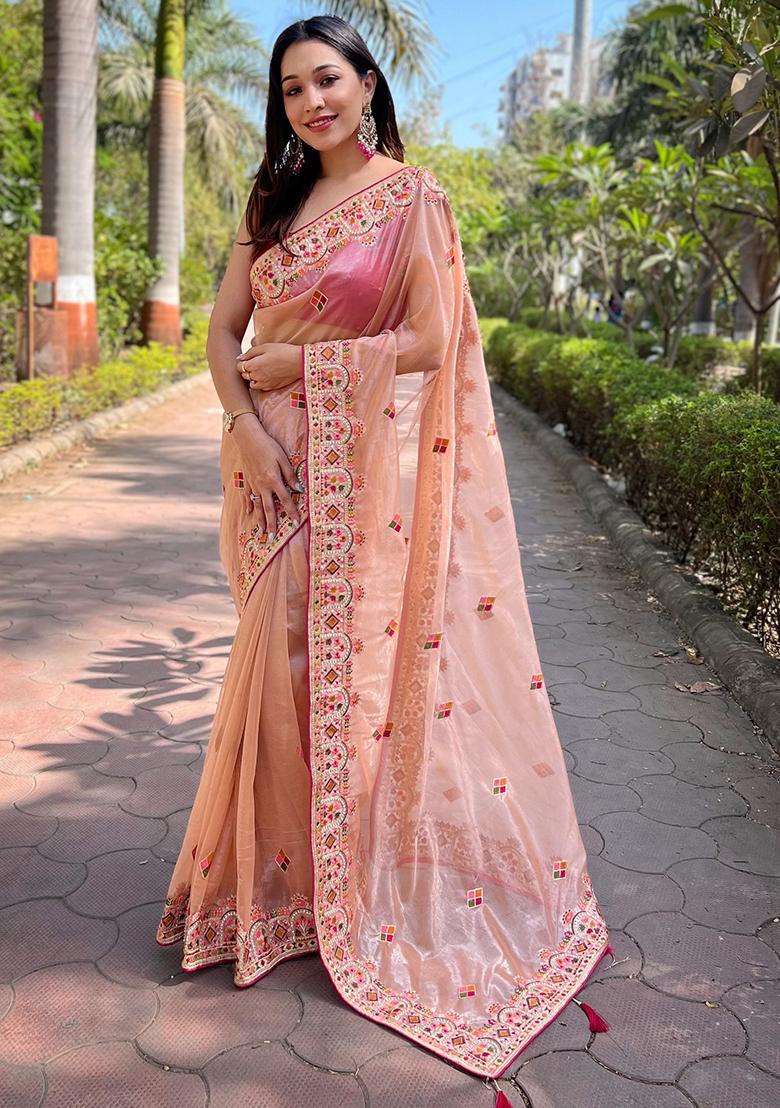 Peach Zari Thread Embroidered Tissue Silk Saree Set