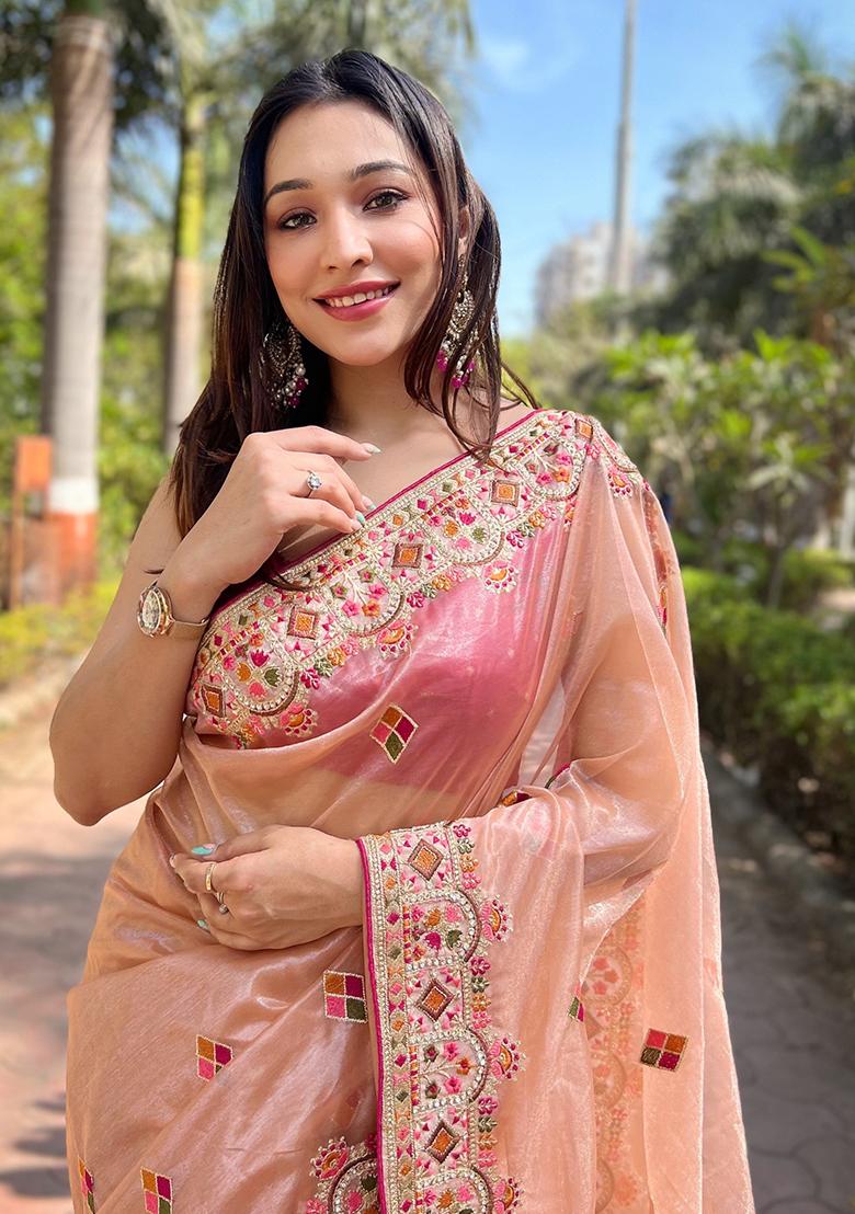 Peach Zari Thread Embroidered Tissue Silk Saree Set