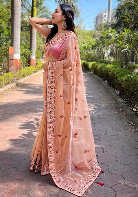 Peach Zari Thread Embroidered Tissue Silk Saree Set