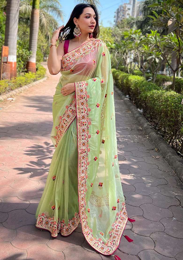 Green Zari Thread Embroidered Tissue Silk Saree Set - Indya