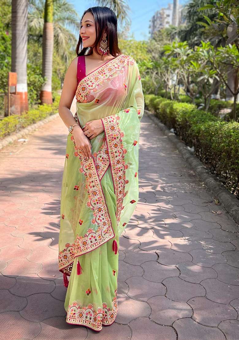 Green Zari Thread Embroidered Tissue Silk Saree Set - Indya