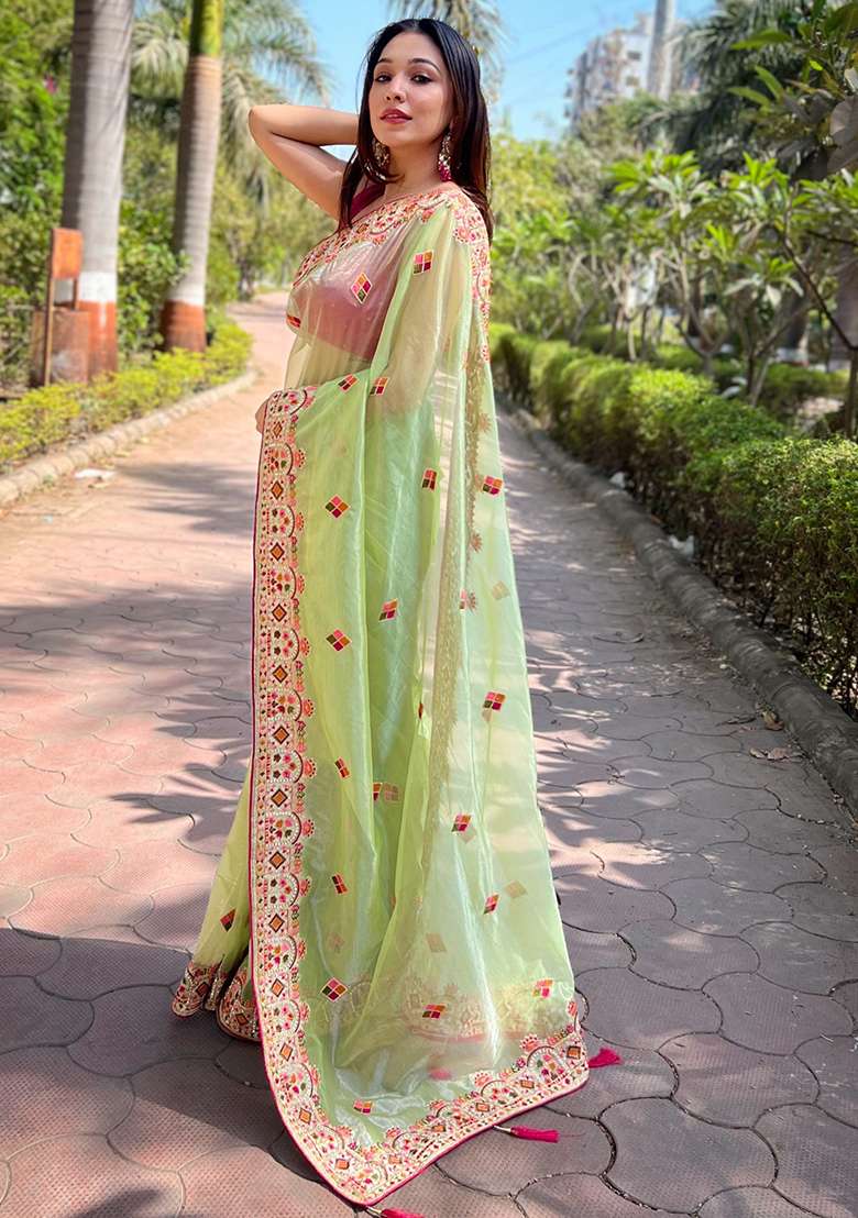 Green Zari Thread Embroidered Tissue Silk Saree Set - Indya