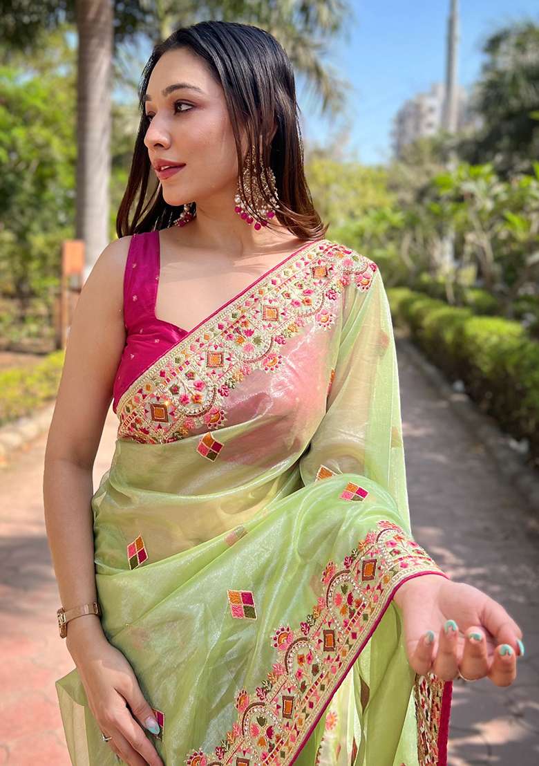 Green Zari Thread Embroidered Tissue Silk Saree Set - Indya