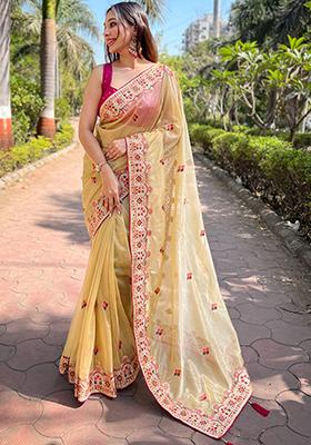 Yellow Zari Thread Embroidered Tissue Silk Saree Set